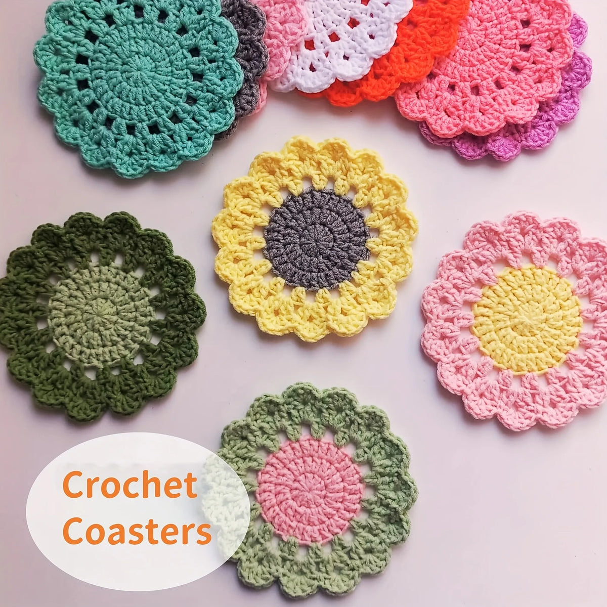 4 Pack Cute Handmade Flower Coaster Set, Funny Pink Crochet Plant Pot Coasters, Drink Cup Mats, Soft Desktop Bar Decor Coasters,