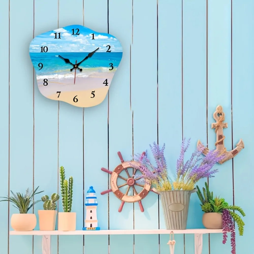 One Pack, Irregular Shaped Silent Wall Clock with Seaside Blue Sky and White Clouds Pattern, Suitable for Home Bedroom Gift Deco