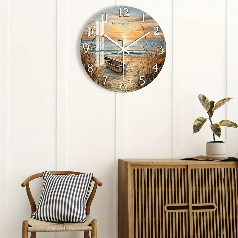 [2D Flat Wall Clock] 1pc 2D Flat Wall Clock Non-Ticking Wooden, Circular Clock HD Glossy Lamination Finish Serene Coastal Sunset with Boat Design for Bedroom, Dining Room, Entryway, Lounge, Reading Corner 10" 12" 14" 16" (No