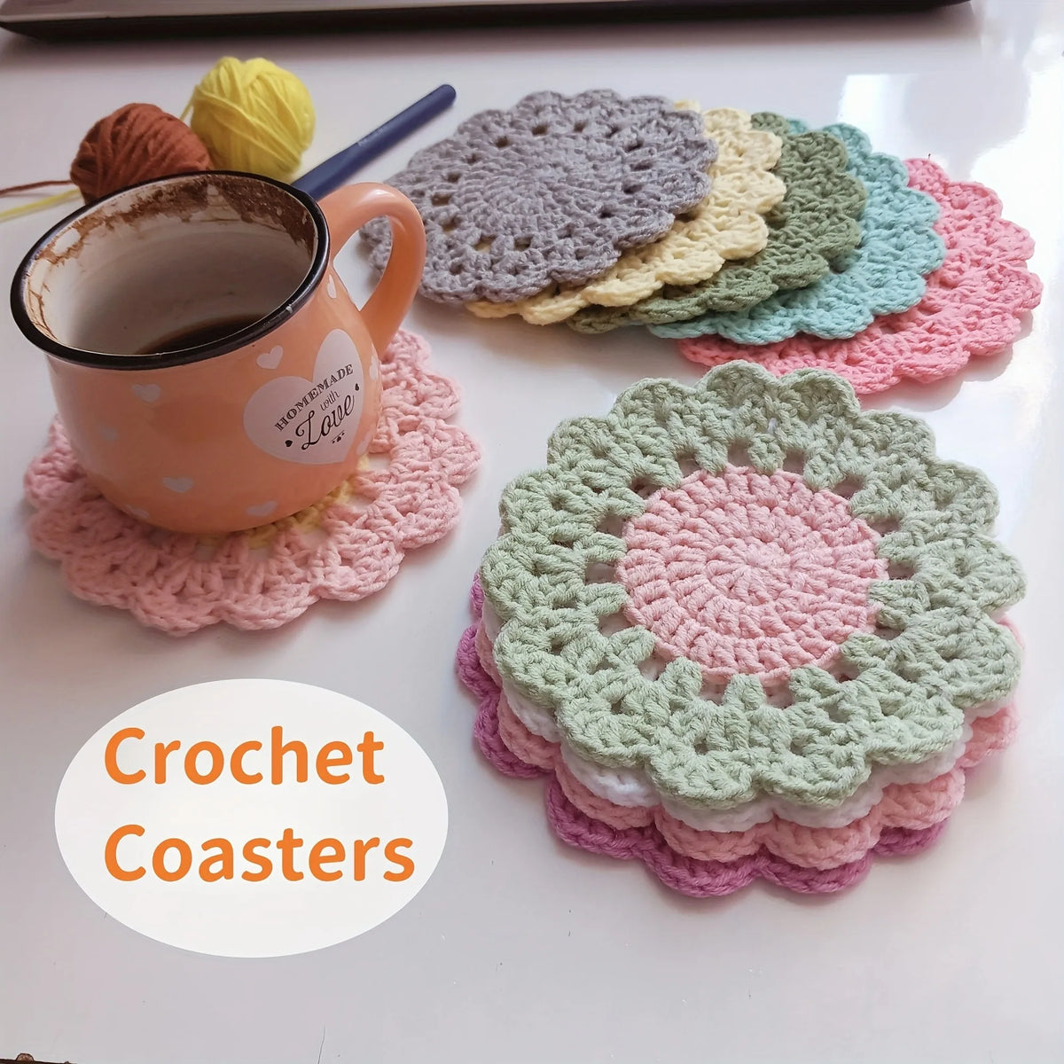 4 Pack Cute Handmade Flower Coaster Set, Funny Pink Crochet Plant Pot Coasters, Drink Cup Mats, Soft Desktop Bar Decor Coasters,