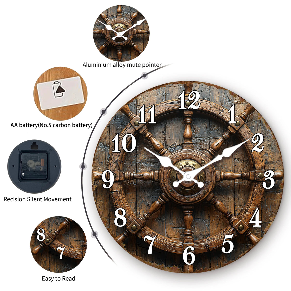 Antique Wooden Ship Steering Wheel Wall Clock - Nautical Decor for Office, Study, or Coastal Themed Room - Silent Sweep
