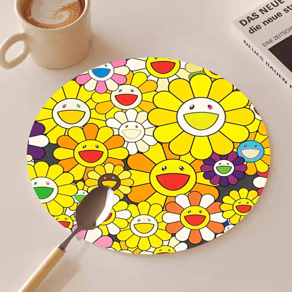 Cute T-Takashi Flowers M-Murakami Round Wooden Coasters Suitable For Restaurants And Coffee Home Gift Choice Holidays