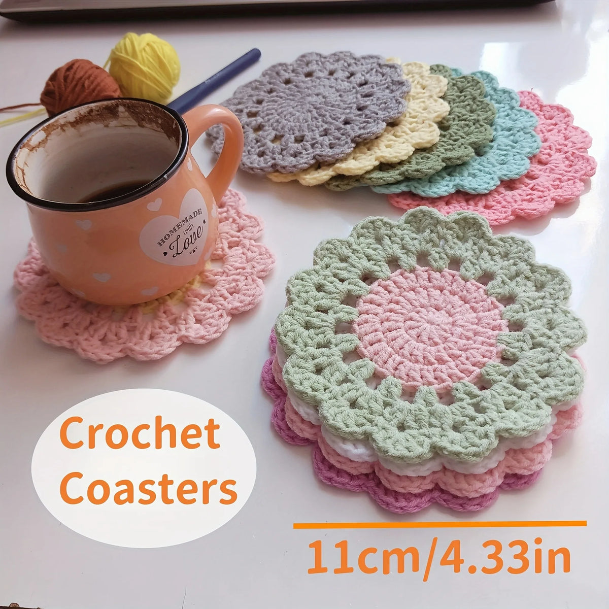 4 Pack Cute Handmade Flower Coaster Set, Funny Pink Crochet Plant Pot Coasters, Drink Cup Mats, Soft Desktop Bar Decor Coasters,