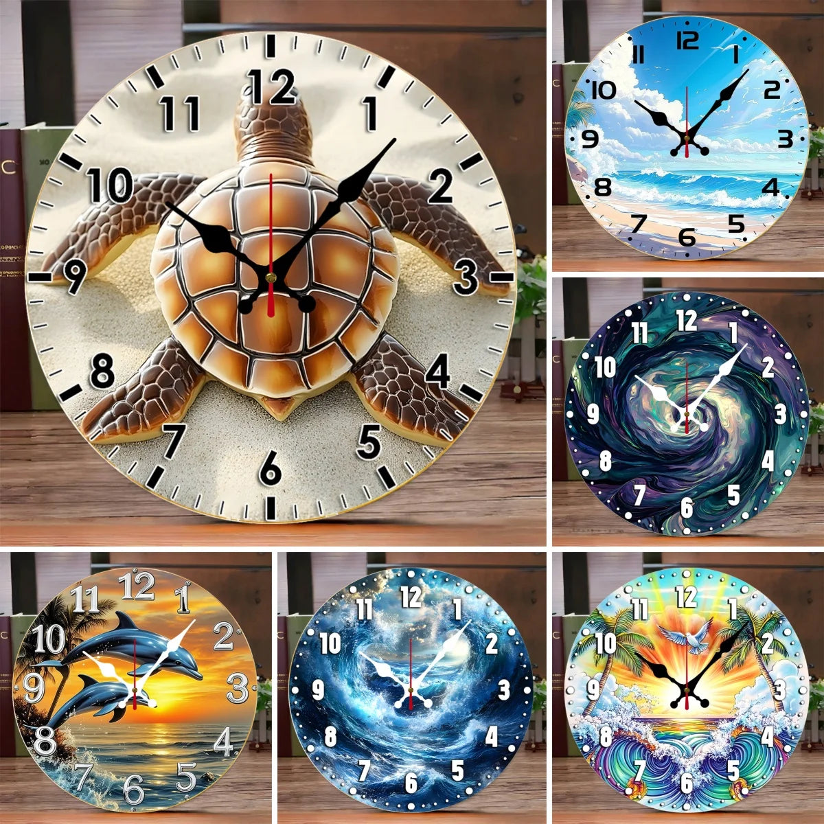 Multi Style Beach Wooden Round Silent Hanging Wall Clock,Suitable For Living Room,Office,Study Room,Bedroom,Home Decoration