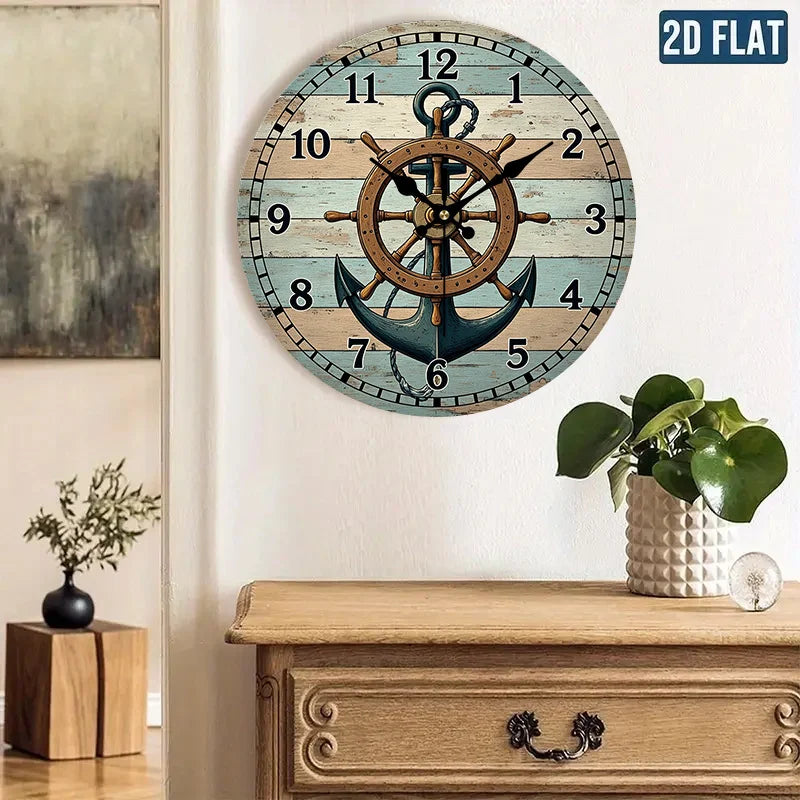 2D Flat. 1pc. Nautical Theme Style Wall Clock - Silent Decorative Clock, Creative Wall Clock, Suitable for Bedroom, Living Room, Office Decoration, 20.32/25.4/30.48/35.56 cm (AA Battery Not Included)
