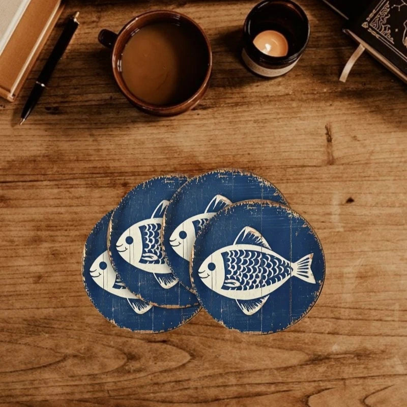 4pcs 2D Flat Sea Fish Shaped Wooden Coasters Retro Coffee Shop Furniture Decor Cup Mats Desktop Protection Pads Ideal Home Gifts