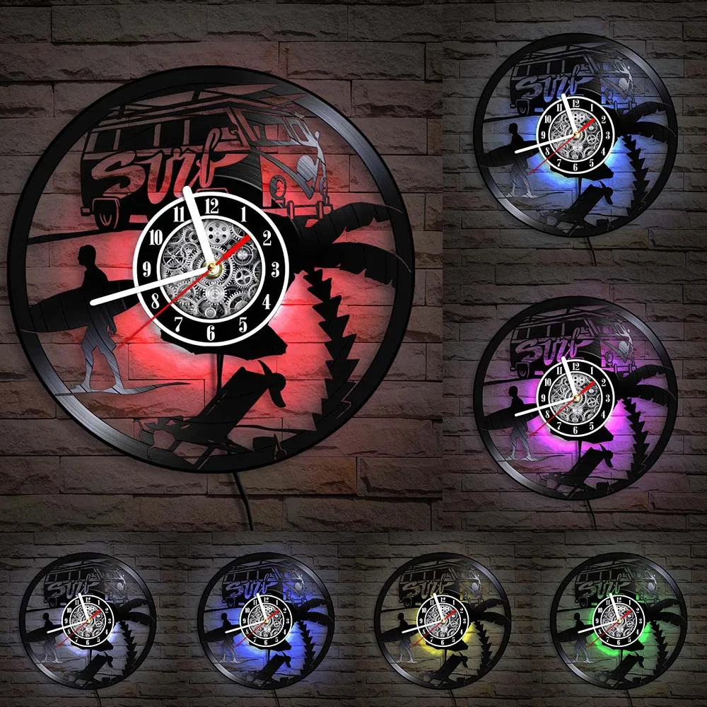 Water Sport Surfing Vinyl Record Wall Clock Sea Wave Coastal Landscape Wall Art Handicraft Carved Music Album Clock Surfer Gifts