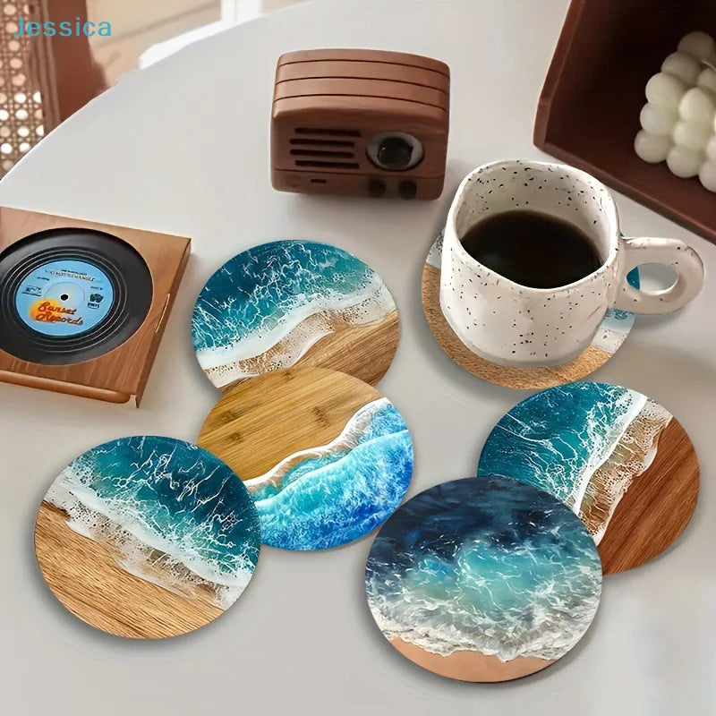 ♥Ocean Wave & Wood Grain Coasters Set  Heat-Resistant Drink Coasters for Coffee/Tea Mugs, Beach Theme Home Decor