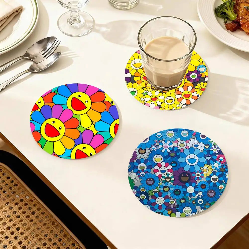 Cute T-Takashi Flowers M-Murakami Round Wooden Coasters Suitable For Restaurants And Coffee Home Gift Choice Holidays