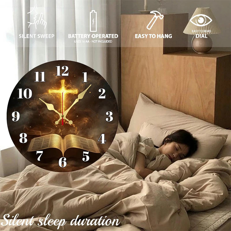Flame & Open Book Wooden Round Silent Hanging Wall Clock, Suitable For Living Room, Office, Study Room, Bedroom, Home Decoration