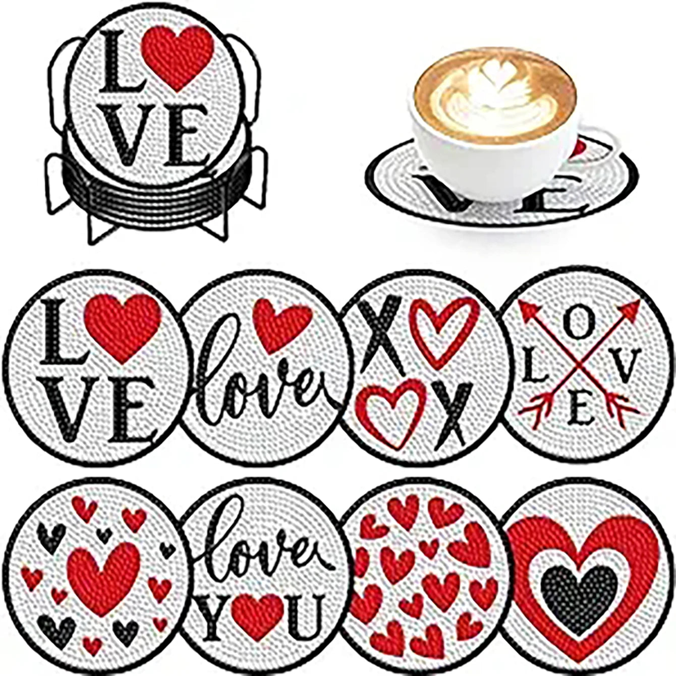 8 Pieces/Set Rose and Diamond Painting Coaster Set, DIY Coaster with Holder, Beginner and Adult Diamond Craft Gift