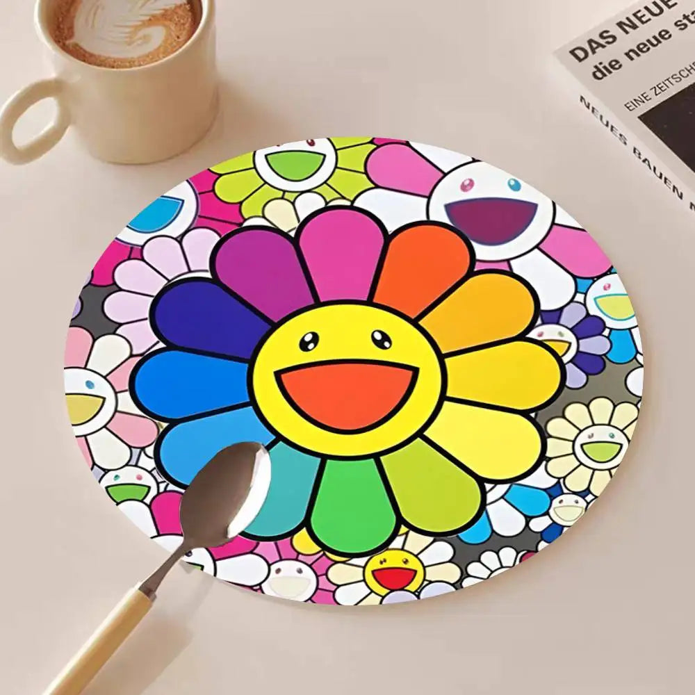 Cute T-Takashi Flowers M-Murakami Round Wooden Coasters Suitable For Restaurants And Coffee Home Gift Choice Holidays