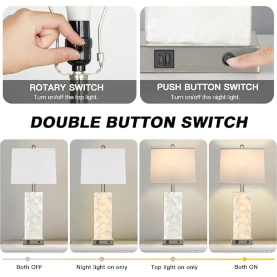 28" Coastal Table Lamps for Living Room, Bedside Lamps with Night Light, USB A+C Ports, Modern Sea Shell Bedside Night Stands L