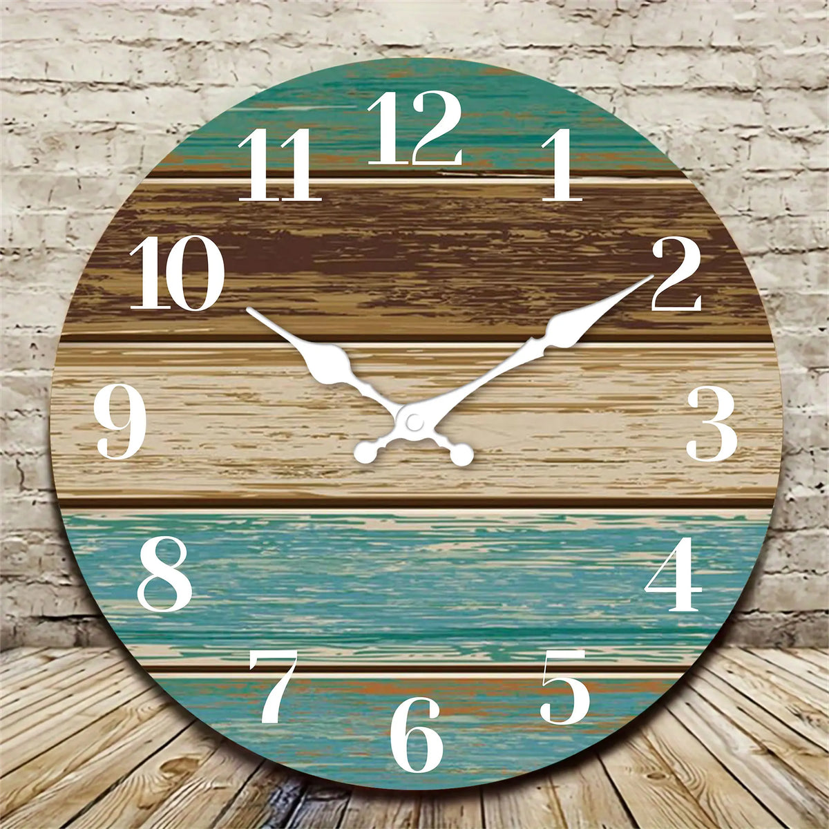 1pc Wooden veneer wall clock, retro blue and brown wood texture design wall clock, home mute clock, Coast Sea theme blue wall cl
