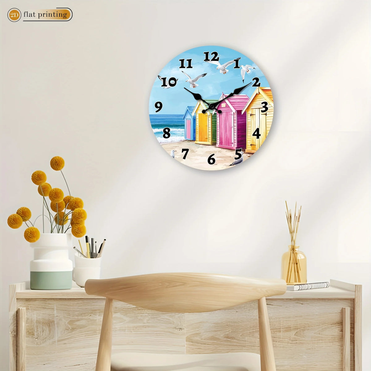 1pc Beach Huts with Seagulls, Wooden Home Wall Clock- 2D Flat Printed Silent Scan Clock, Christmas and Valentine's Day Decorations, Suitable for Restaurant and Kitchen Decoration, The Perfect Birthday and Housewarming Gift, 2