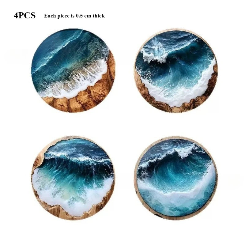 New thickened Turquoise ocean and tropical wood grain round coaster, heat-resistant and non-slip, for home and coffee shop