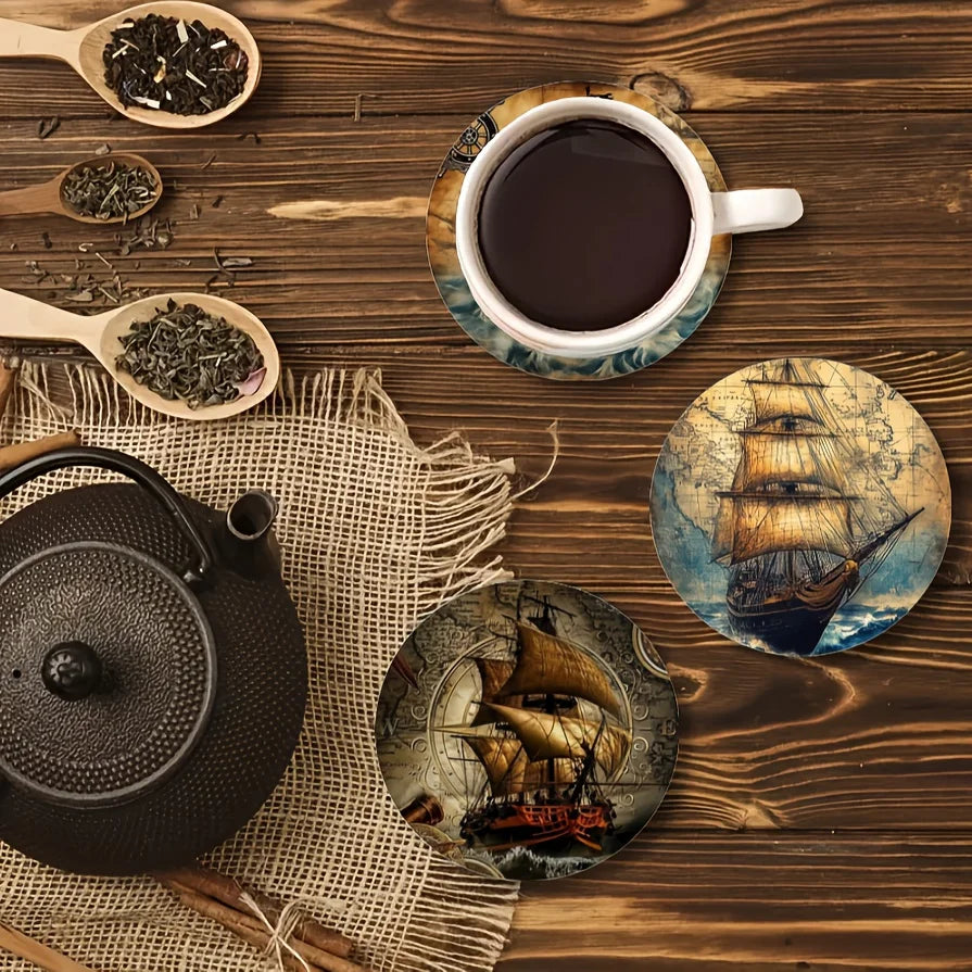 6PCS Retro Classic Pirate Ship Themed 2D Flat Wooden Coasters Tea Cups Coffee Cups Decorative Home Dining Room Bar Hotel Items