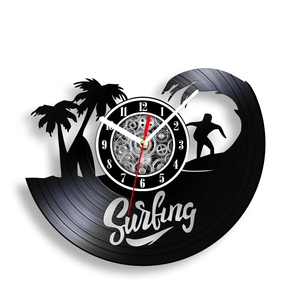 Water Sport Surfing Vinyl Record Wall Clock Sea Wave Coastal Landscape Wall Art Handicraft Carved Music Album Clock Surfer Gifts