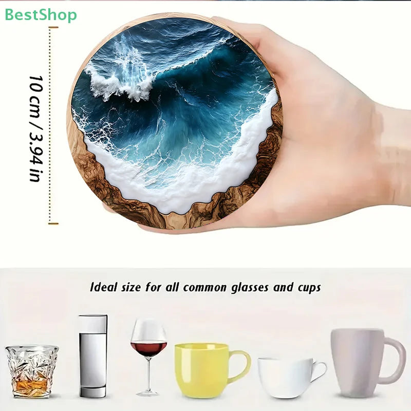 Blue Ocean Round Wooden Coasters & Placemats Set - Home, Cafe, Party Table Decor, Durable Drink Coasters For Stylish Dining