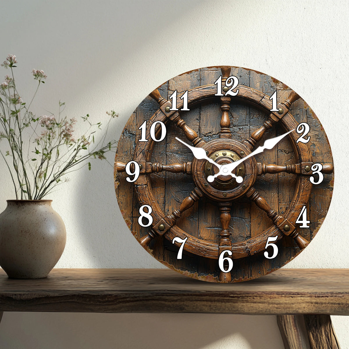 Antique Wooden Ship Steering Wheel Wall Clock - Nautical Decor for Office, Study, or Coastal Themed Room - Silent Sweep
