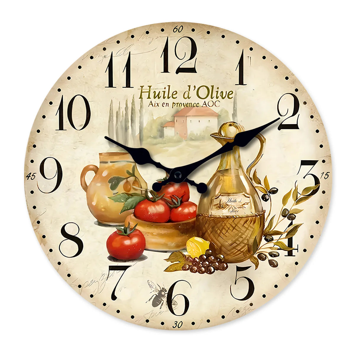 Vintage Provence Olive Oil and Tomato Pattern Wooden Wall Clock Living Room 10-Inch 12-Inch 14inch  (No Battery)