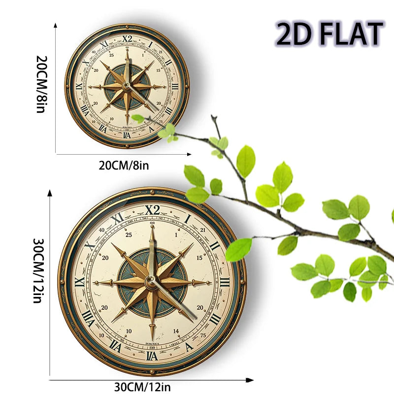 Wooden Nautical Compass Wall Clock - Silent Non-Ticking Round Ocean-Themed Clock with Compass, Suitable for Living Room, Bedroom, Office Decor, Housewarming Gift, Nautical Theme Decoration, 2D Flat