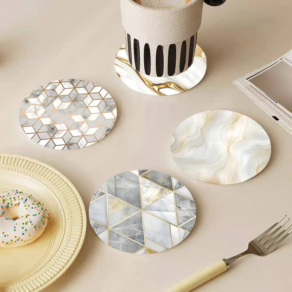 Golden Line Marble Pattern Round Wooden Coasters Suitable For Restaurants And Coffee Home Gift Choice Holidays