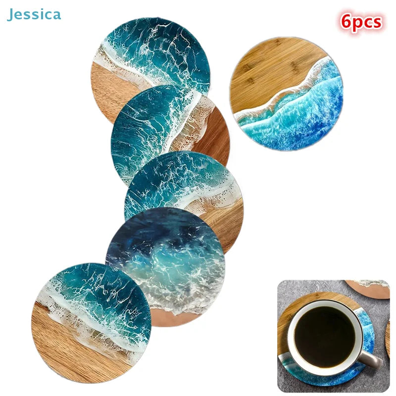 ♥Ocean Wave & Wood Grain Coasters Set  Heat-Resistant Drink Coasters for Coffee/Tea Mugs, Beach Theme Home Decor