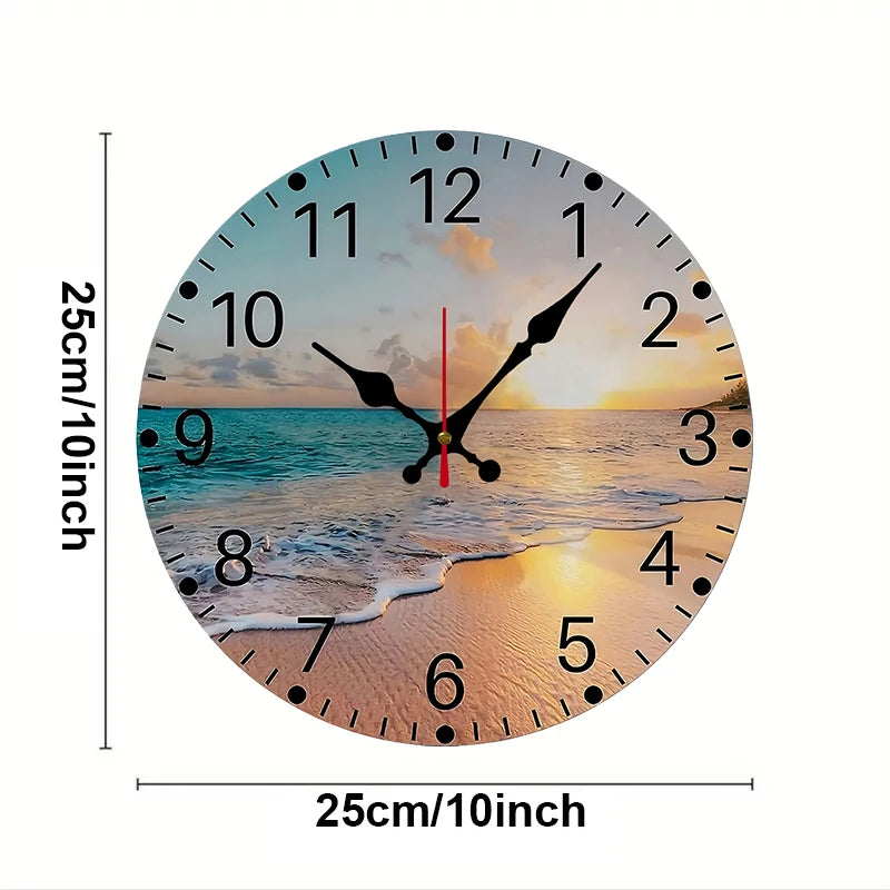 The Beach Wooden Round Silent Hanging Wall Clock, Suitable For Living Room, Office, Study Room, Bedroom, Home Decoration