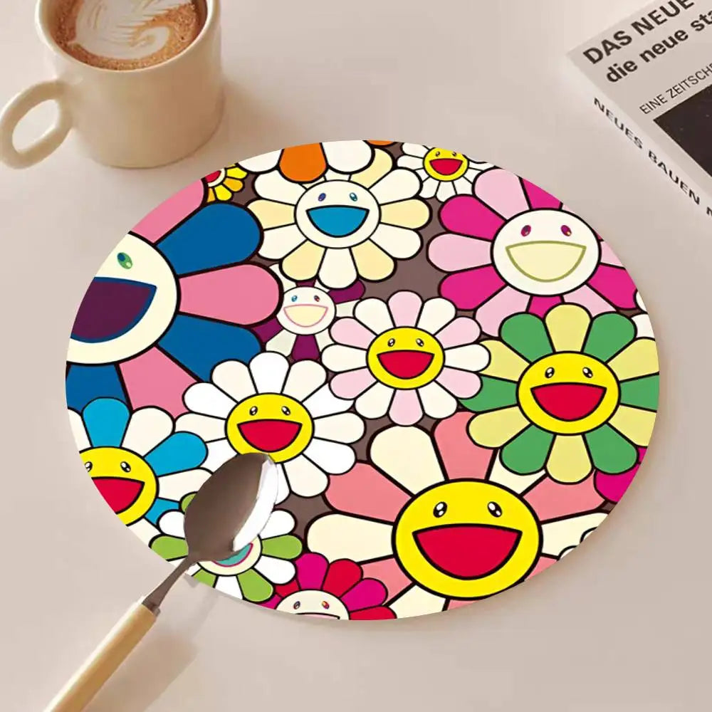 Cute T-Takashi Flowers M-Murakami Round Wooden Coasters Suitable For Restaurants And Coffee Home Gift Choice Holidays