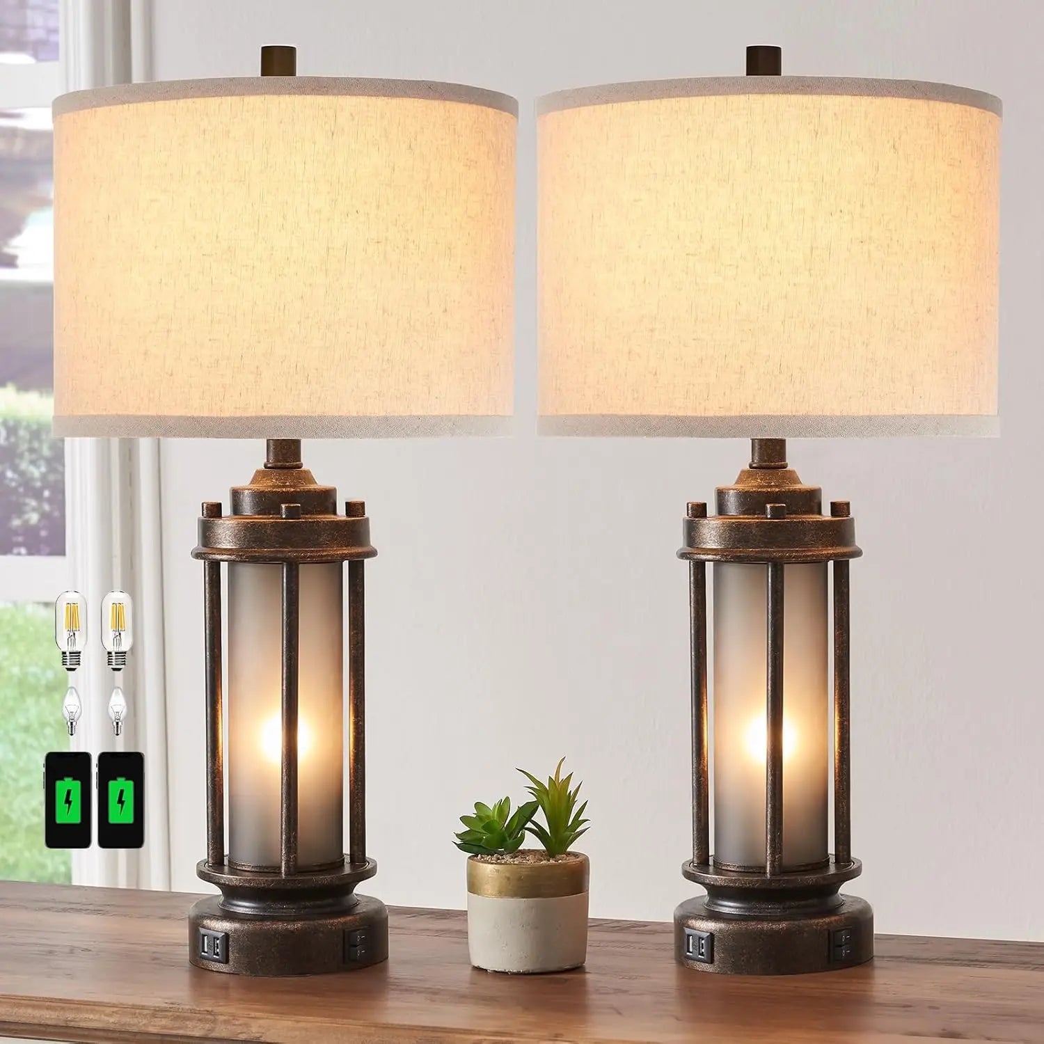 Set of 2 Farmhouse Lamps with USB Charging Ports for Living Room, Rustic Nightstand Table Lamp with Built-In Night Light, 4