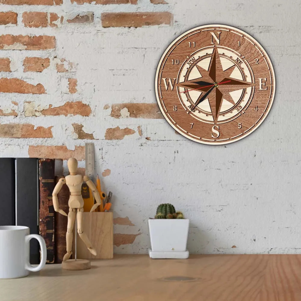 Compass Wind Rose Dual Layers Wooden Wall Clock For Living Room Nautical Navigation Home Decor Clock Marine Direction Wall Watch