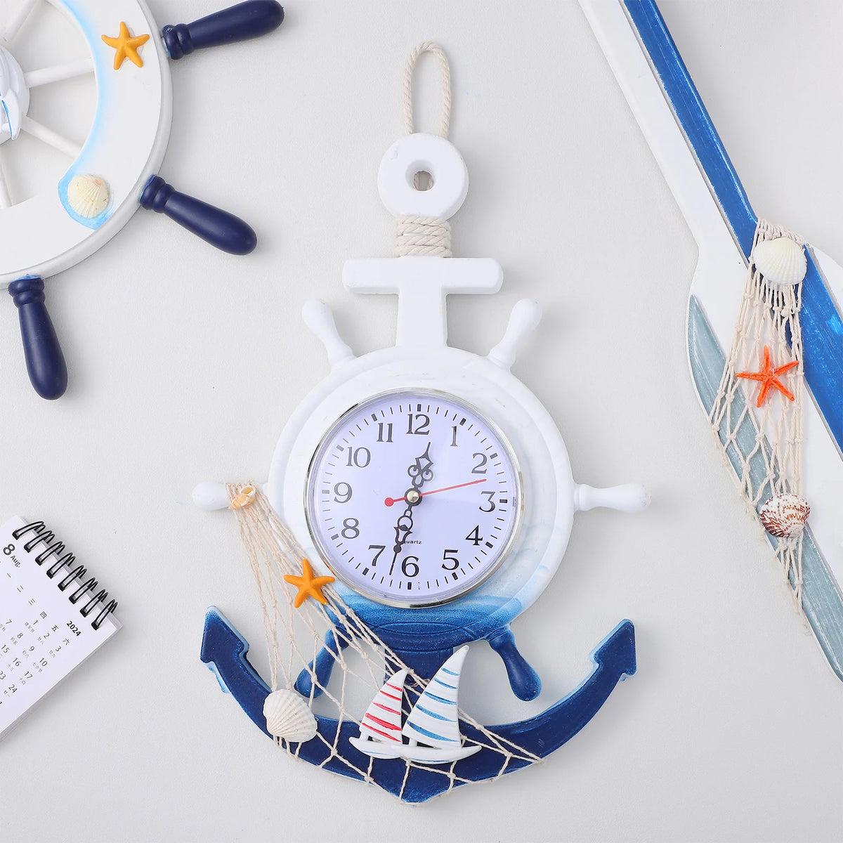 Contemporary Rudder Anchor Clock Vintage Decor Wall Clocks Boat Wooden Hanging Office