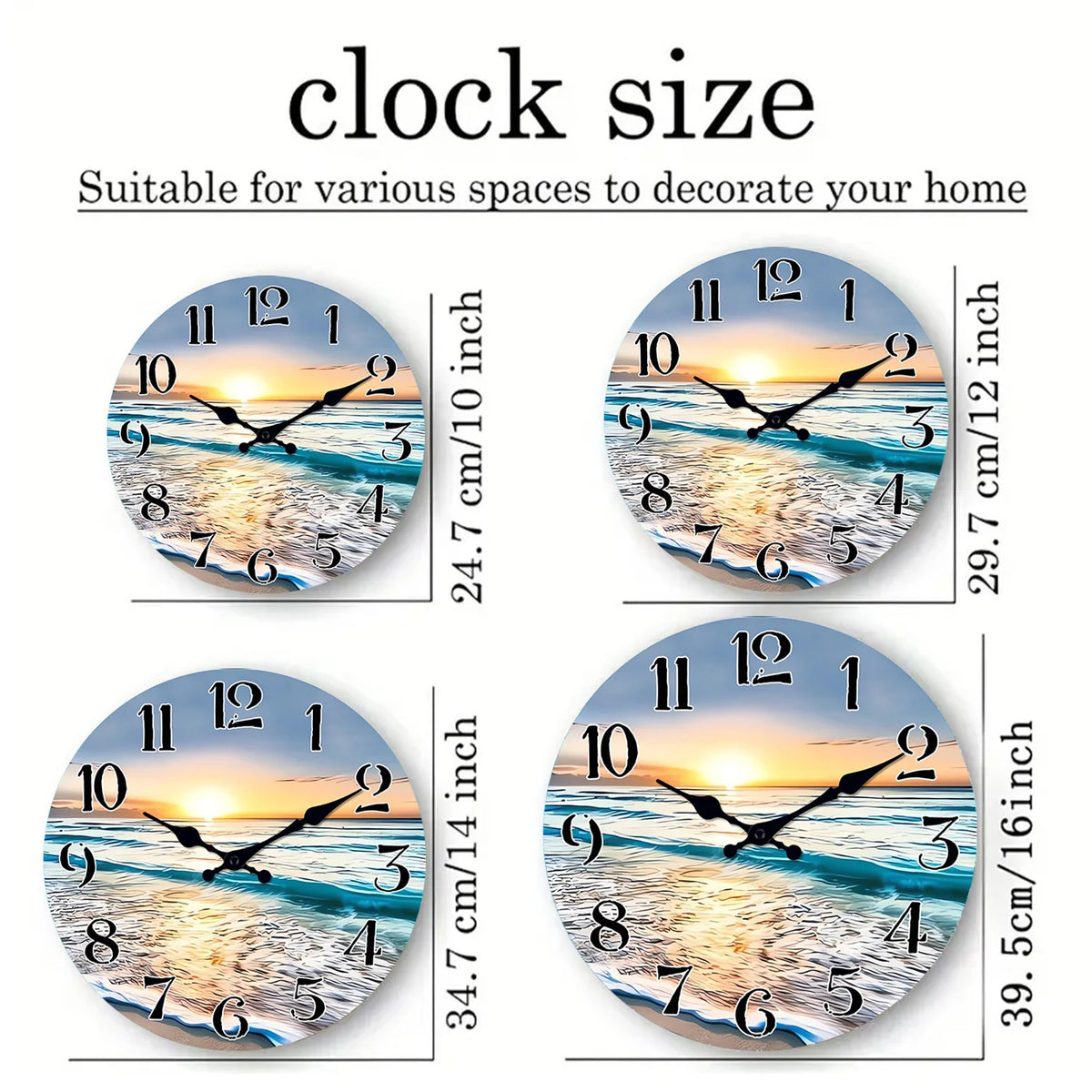 Modern Seaside Sunset Pattern Wooden Wall Clock Living Room Bedroom Kitchen Home Decoration Wall Clock Silent Quartz Clock Holiday Gift 10 Inches 12 Inches 14inch 16inch (No Battery)