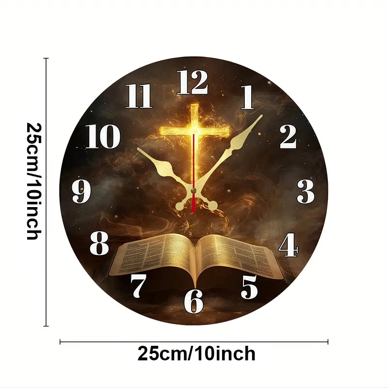 Flame & Open Book Wooden Round Silent Hanging Wall Clock, Suitable For Living Room, Office, Study Room, Bedroom, Home Decoration