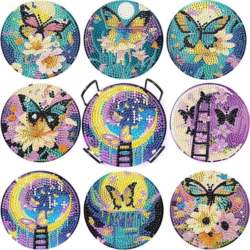 8 Pieces of Diamond Art Painting Coasters with Brackets, DIY Cat Patterned Diamond Art Coasters, Suitable for Both Adults and Be