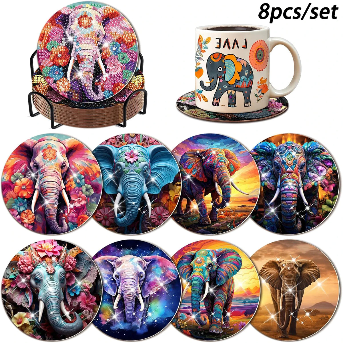 8 Pieces/Set of Diamond Painted Elephant Patterns, DIY Coasters with Brackets, Non Slip Beverage Coasters, Mosaic Production