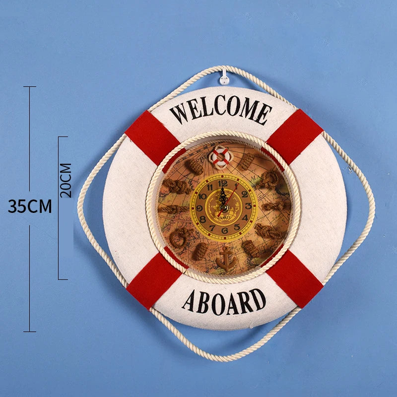 Mediterranean Retro Style Anchor Wall Clock Wooden Rudders Silent Hanging Clocks Coffee Bar Home Decorations