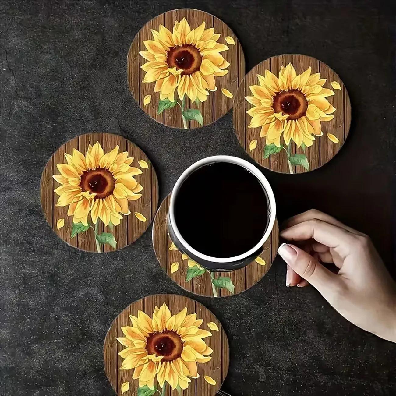 6Pcs Rustic Wood Sunflower Coaster Set, Heat-Resistant Non-slip Coasters for Table