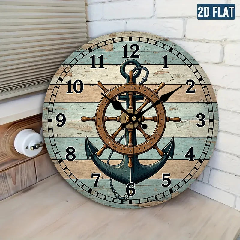 2D Flat. 1pc. Nautical Theme Style Wall Clock - Silent Decorative Clock, Creative Wall Clock, Suitable for Bedroom, Living Room, Office Decoration, 20.32/25.4/30.48/35.56 cm (AA Battery Not Included)