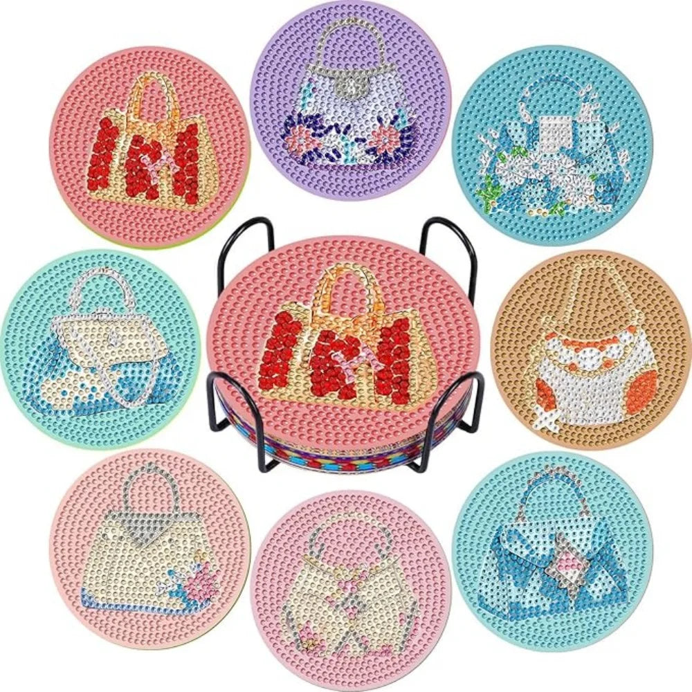 8 Pieces/Set Rose and Diamond Painting Coaster Set, DIY Coaster with Holder, Beginner and Adult Diamond Craft Gift