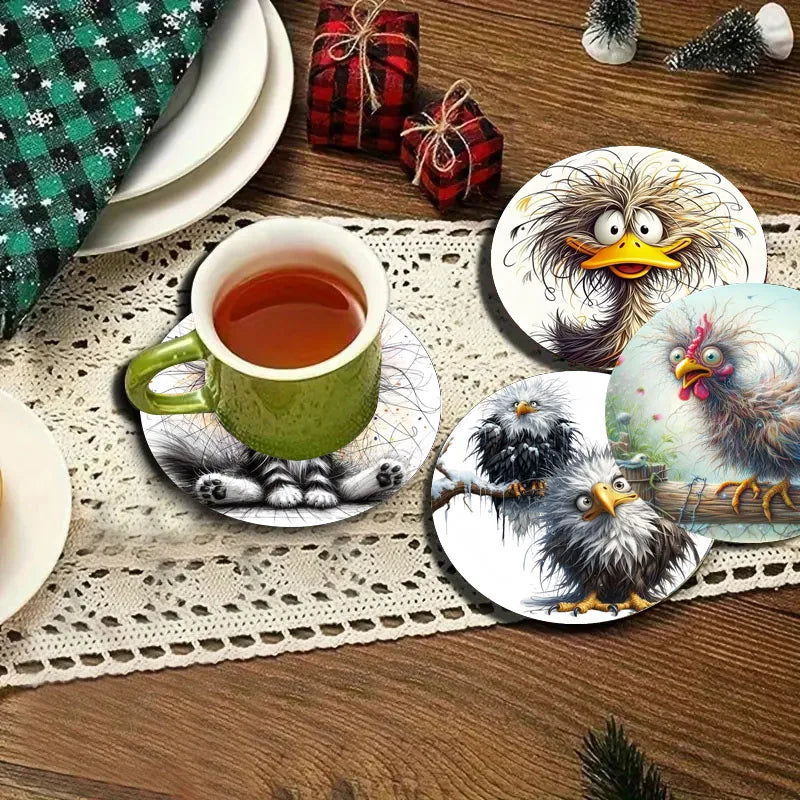 4 Sets of Colorful Bird Pattern Art Coasters, Wooden Anti-Slip Coasters, Suitable for Living Rooms, Offices, Bars, Etc