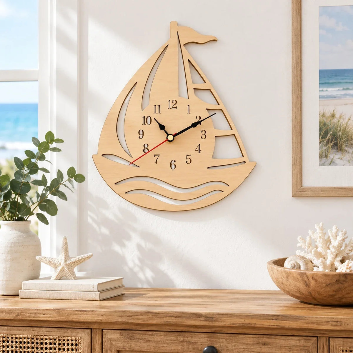 Wooden Sailboat Wall Clock, Nautical Coastal Home Decor, Beach House Wall Art, Ocean Theme Room Decor, Rustic Marine Clock