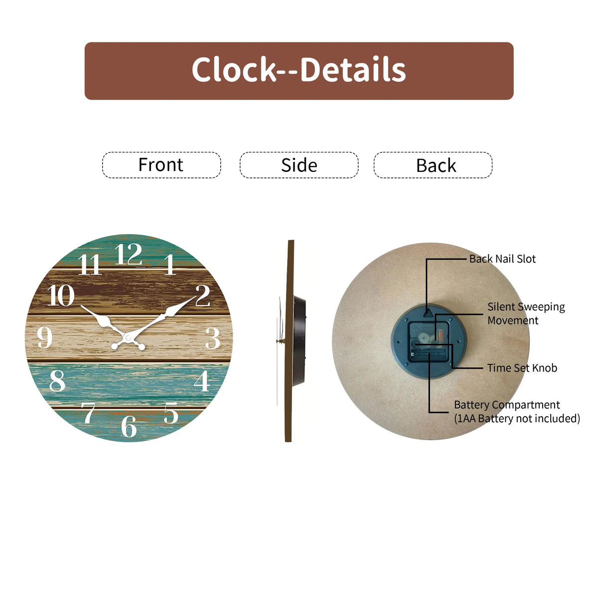 1pc Wooden veneer wall clock, retro blue and brown wood texture design wall clock, home mute clock, Coast Sea theme blue wall cl