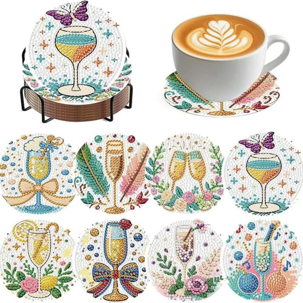 8 Pieces/Set Rose and Diamond Painting Coaster Set, DIY Coaster with Holder, Beginner and Adult Diamond Craft Gift