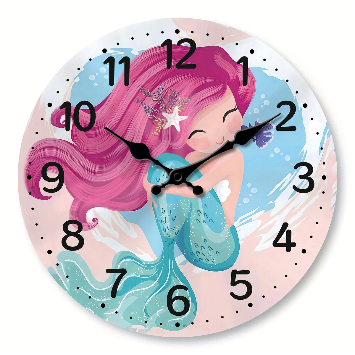 A cute mermaid wooden wall clock, sea, beach theme battery powered silent quartz clock, living room, kitchen, bedroom, bathroom