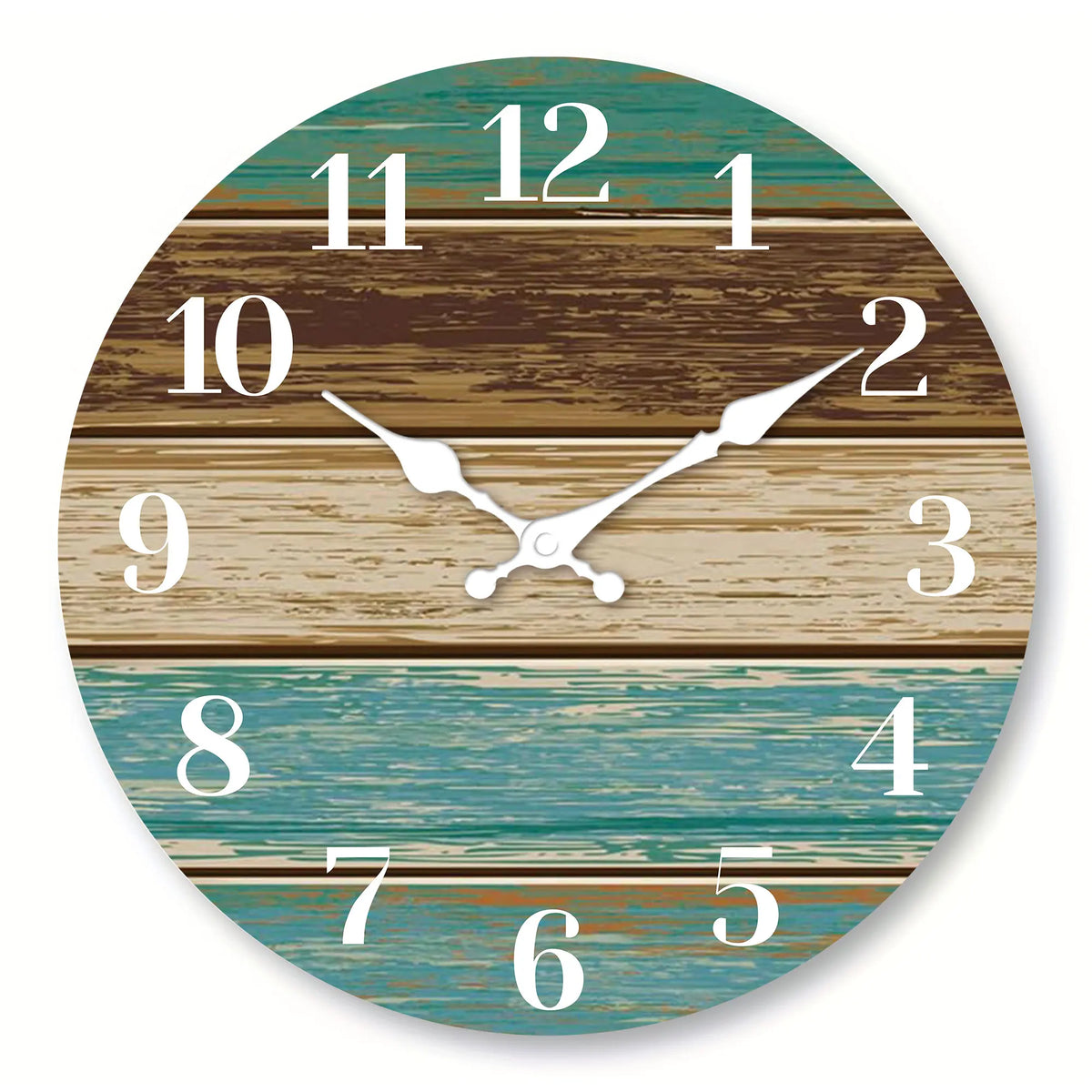 1pc Wooden veneer wall clock, retro blue and brown wood texture design wall clock, home mute clock, Coast Sea theme blue wall cl