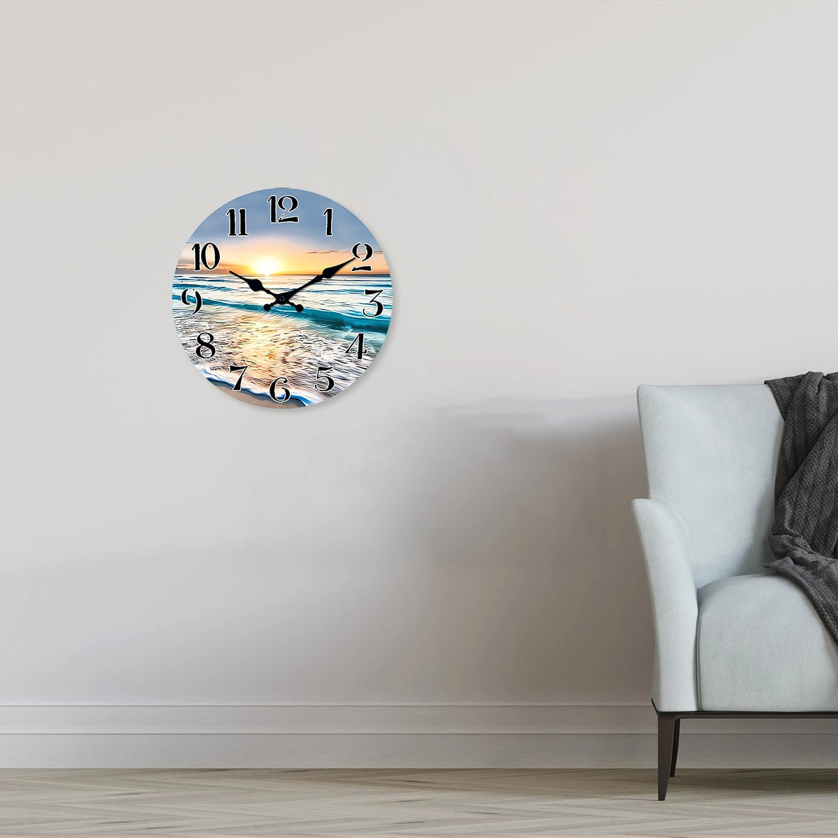 Modern Seaside Sunset Pattern Wooden Wall Clock Living Room Bedroom Kitchen Home Decoration Wall Clock Silent Quartz Clock Holiday Gift 10 Inches 12 Inches 14inch 16inch (No Battery)