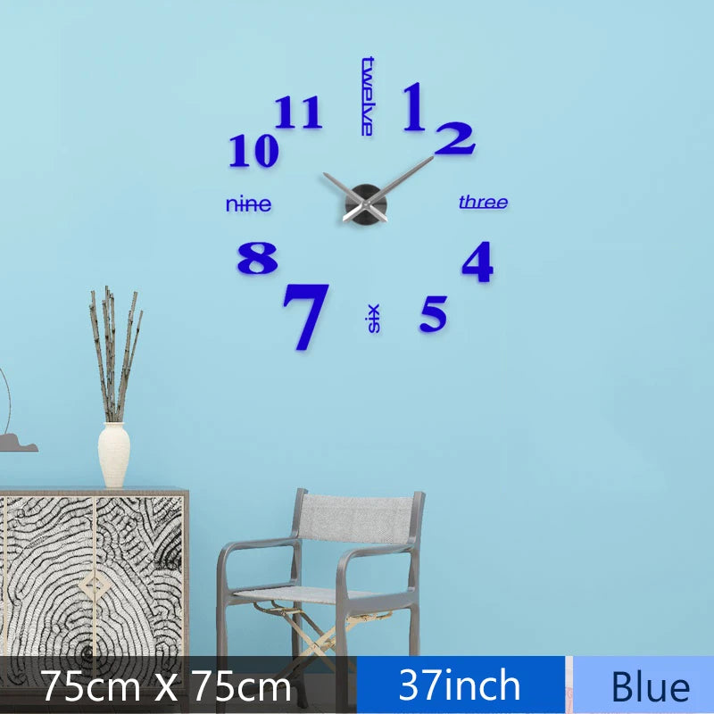 Fashion 3D Mediterranean Style Big Size Blue Wall Clock Mirror Sticker DIY Brief Living Room Decor Meeting Room Wall Clock