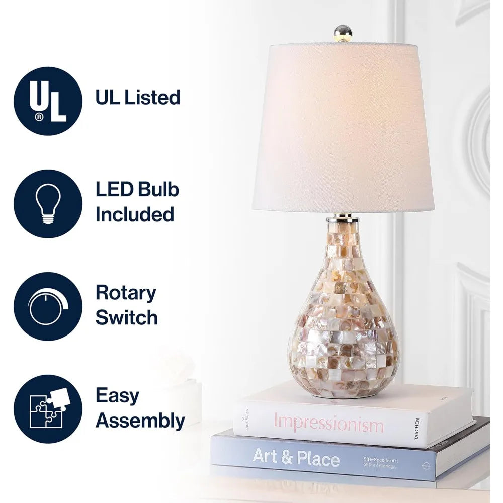 US Shipping Modern White Linen Drum Shade LED Table Lamp Mother of Pearl Seashell Coastal Bedside Nightstand Lamp for Living
